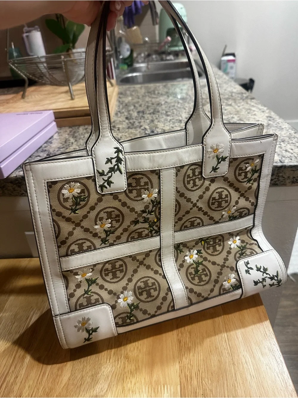 Tory Burch White and Beige Embroidered Canvas Tote